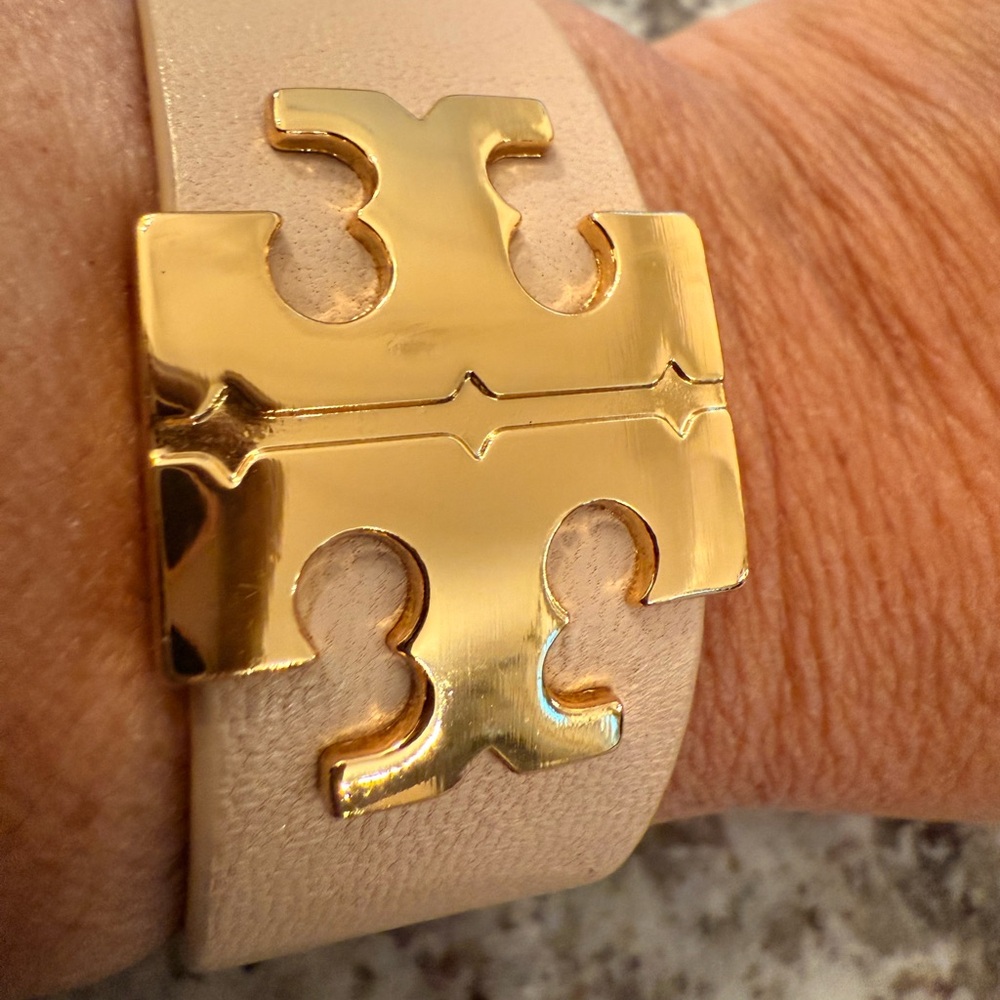 Authentic Tory Burch Gold logo and Beige Leather Bracelet